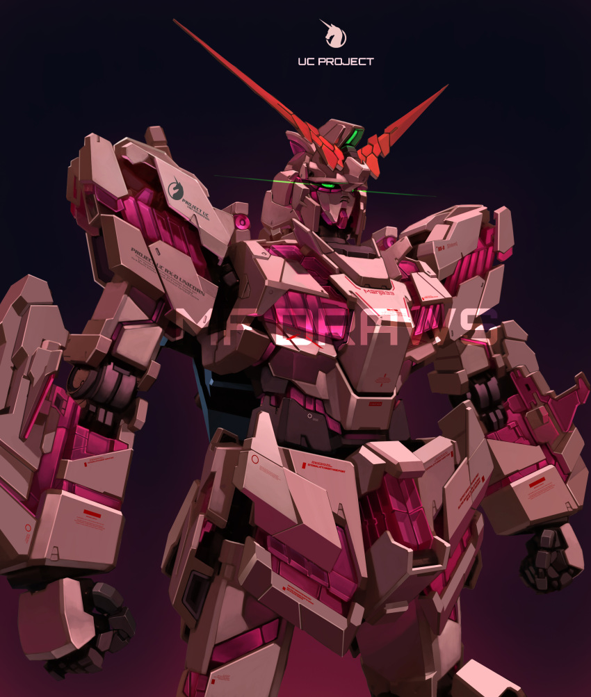 absurdres brayanong999 clenched_hands commission english_commentary glowing glowing_eyes green_eyes gundam gundam_unicorn highres looking_up mecha no_humans nt-d photo-referenced solo unicorn_gundam upper_body watermark