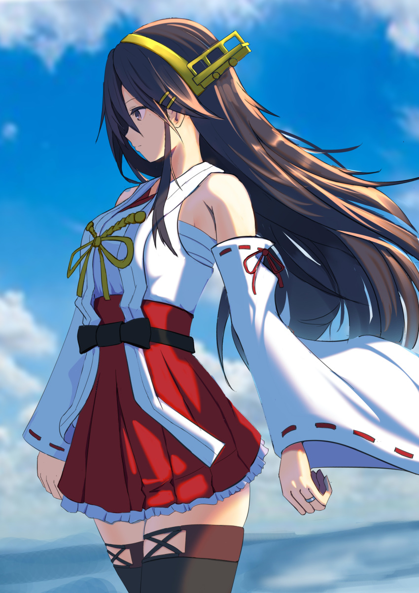 1girl absurdres bare_shoulders black_hair boots brown_eyes cowboy_shot detached_sleeves hair_ornament hairclip haruna_(kantai_collection) headgear highres jewelry kantai_collection long_hair looking_to_the_side glassestakoyaki nontraditional_miko red_skirt remodel_(kantai_collection) ring sarashi skirt solo thigh-highs thigh_boots wedding_band