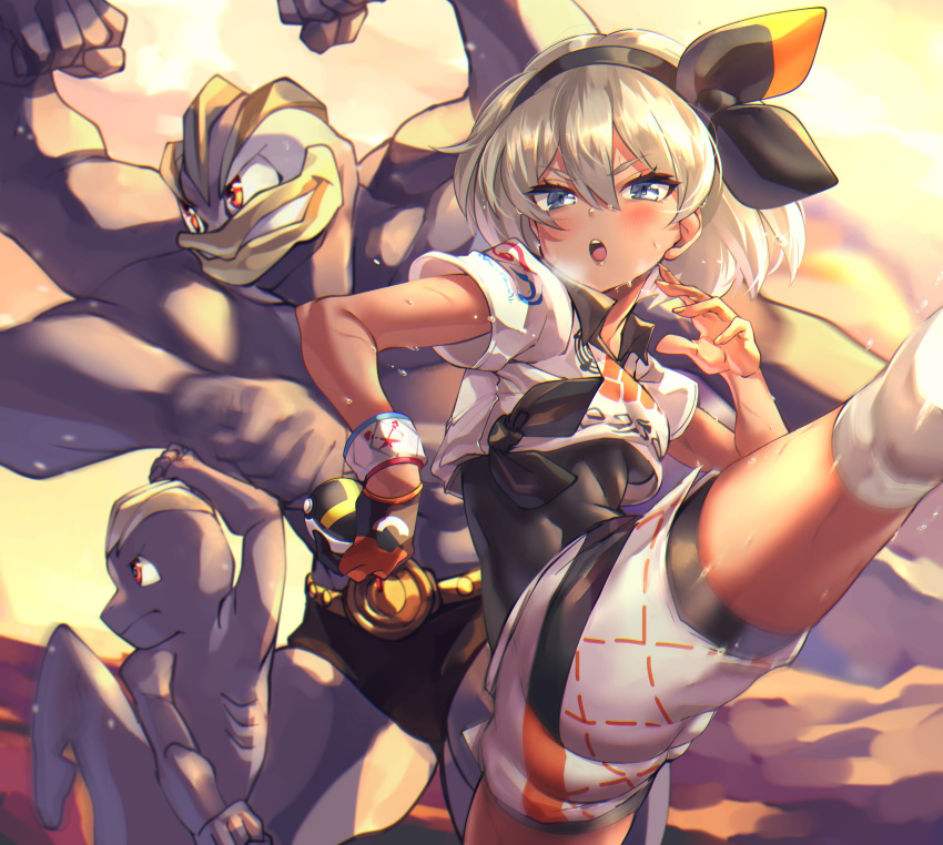 1girl absurdres bangs black_bodysuit black_hairband blue_eyes blush bodysuit bodysuit_under_clothes breath collared_shirt commentary_request dynamax_band gen_1_pokemon gloves grey_hair gym_leader hair_between_eyes hairband highres holding holding_poke_ball knee_pads machamp machop open_mouth poke_ball pokemon pokemon:_twilight_wings pokemon_(creature) pokemon_(game) pokemon_swsh print_shirt print_shorts saitou_(pokemon) shashaki shiny shiny_hair shirt short_hair short_sleeves shorts single_glove sweat teeth tied_shirt tongue ultra_ball