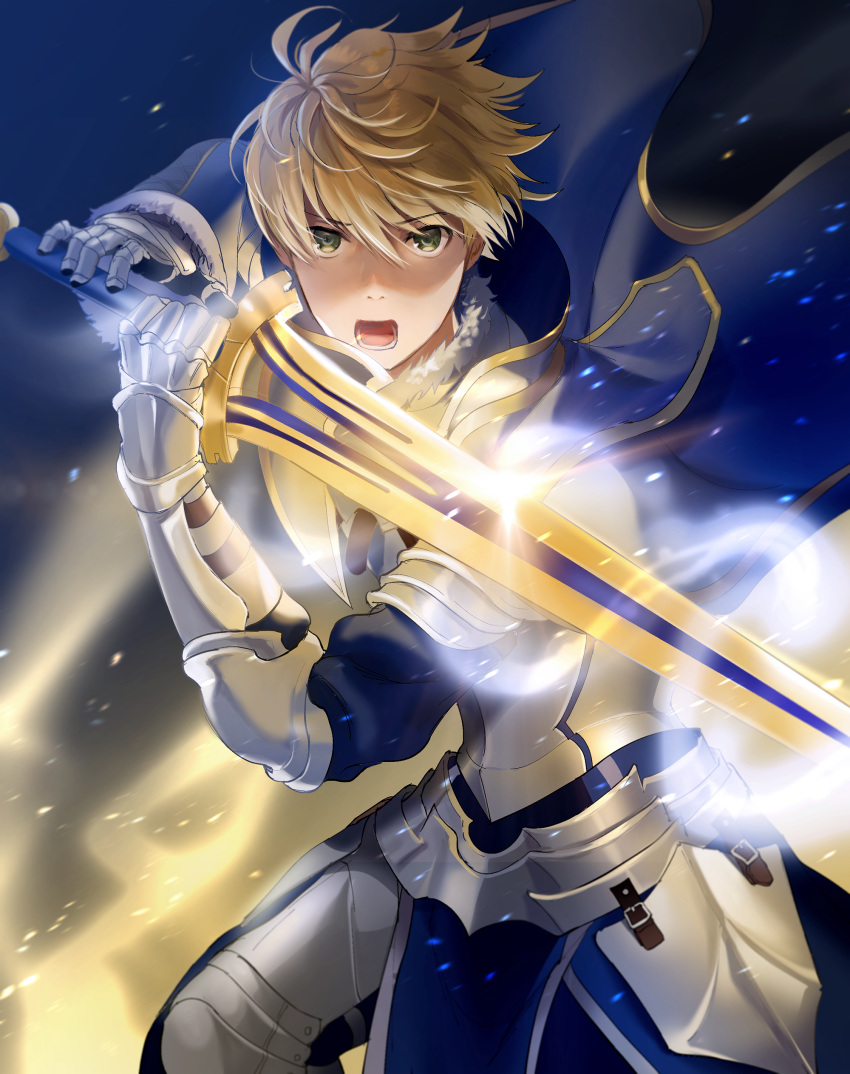 1boy absurdres armor armored_boots armored_dress arthur_pendragon_(fate) blonde_hair blue_cape blue_dress boba boots breastplate cape dress excalibur excalibur_(fate/prototype) fate/grand_order fate/prototype fate_(series) faulds gauntlets greaves green_eyes hair_between_eyes highres holding holding_sword holding_weapon looking_at_viewer male_focus pauldrons short_hair shoulder_armor solo sword weapon