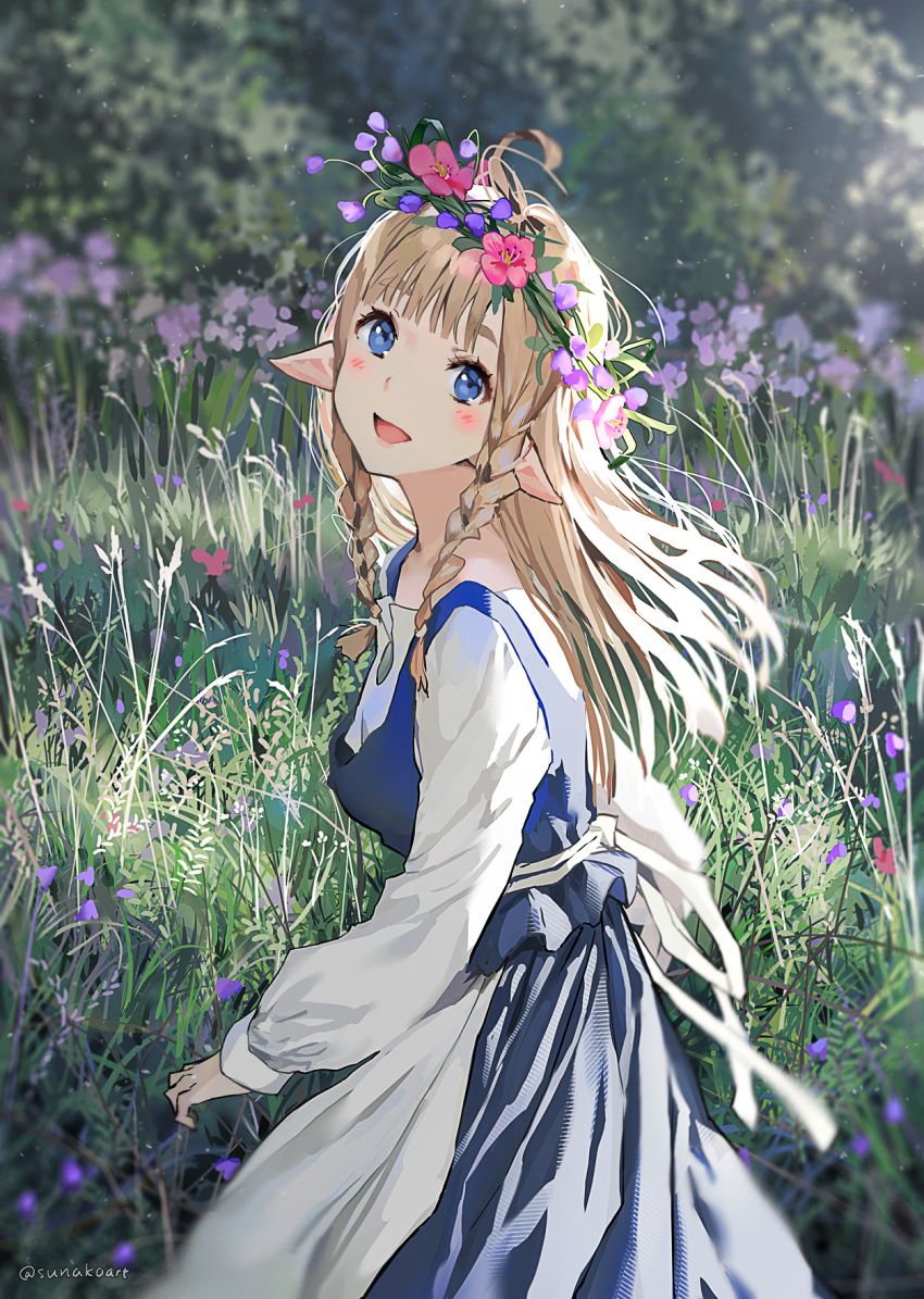 1girl apron blonde_hair blue_eyes blurry braid commentary depth_of_field elf english_commentary flower grass hair_flower hair_ornament happy highres long_hair long_sleeves looking_at_viewer open_mouth original outdoors pointy_ears solo sunako_(veera) twin_braids twitter_username