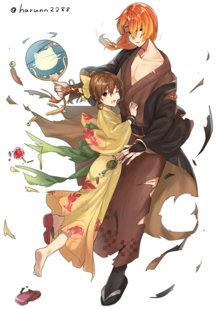1boy 1girl alternate_costume brother_and_sister brown_eyes brown_hair candy_apple closed_mouth crossed_arms delthea_(fire_emblem) fire_emblem fire_emblem_echoes:_shadows_of_valentia food haru_(nakajou-28) highres holding japanese_clothes kimono long_hair long_sleeves luthier_(fire_emblem) obi one_eye_closed open_mouth orange_hair ponytail sash siblings simple_background torn_clothes twitter_username white_background wide_sleeves