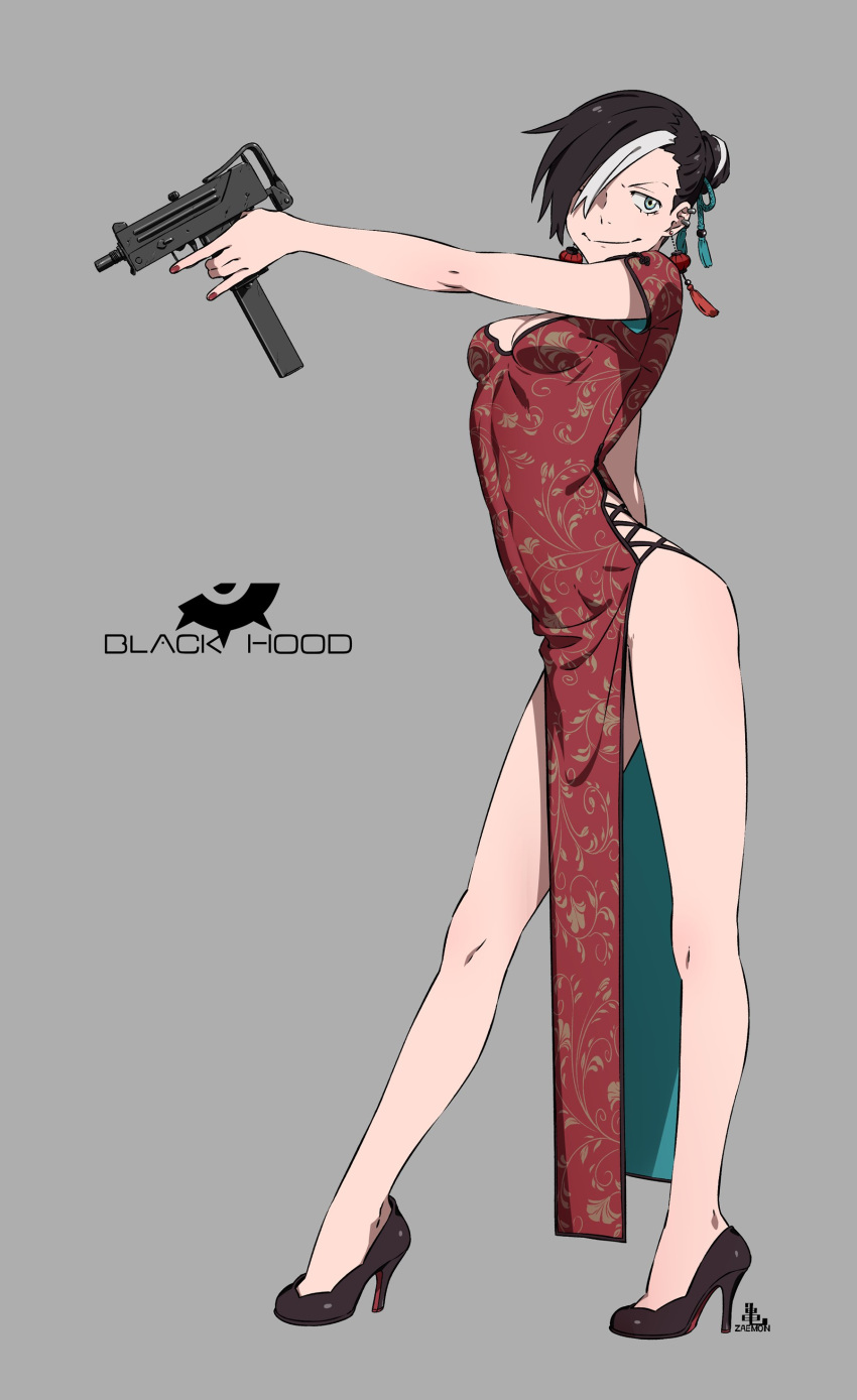 1girl absurdres bare_legs black_footwear black_hair black_hood breasts china_dress chinese_clothes cleavage_cutout dress ear_piercing earrings full_body gun hair_over_one_eye high_heels highres jewelry kamezaemon looking_at_viewer multicolored_hair piercing red_dress side_slit smile solo submachine_gun thighs two-tone_hair weapon white_hair