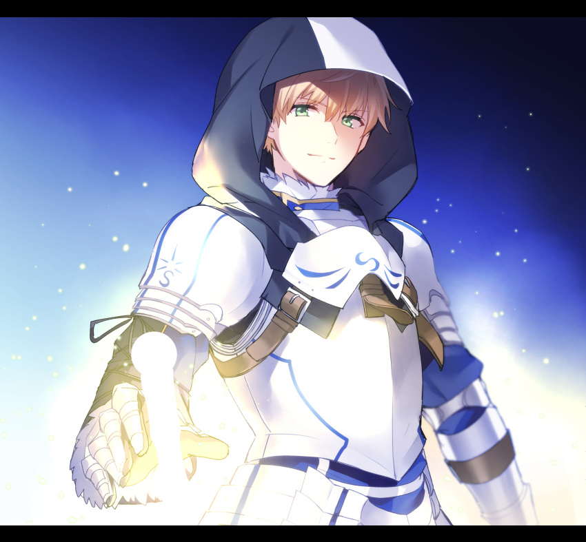 1boy armor armored_dress arthur_pendragon_(fate) black_border blonde_hair blue_dress border breastplate dress fate/grand_order fate/prototype fate_(series) faulds gauntlets glowing glowing_sword glowing_weapon greaves green_eyes hair_between_eyes highres hood hood_up juugonichi_(wheeliex2) looking_at_viewer male_focus pauldrons short_hair shoulder_armor smile solo sword upper_body weapon