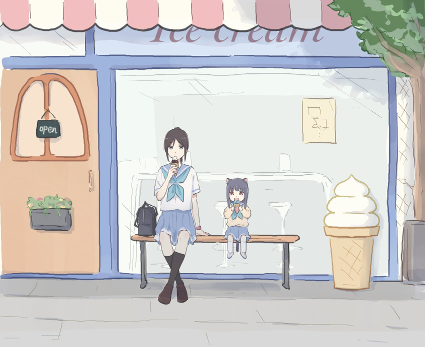 2girls animal_ears bag bangs bench between_legs black_hair black_legwear blue_neckwear blue_skirt blunt_bangs brown_footwear cat_ears cat_tail chibi door eating english_commentary food grey_eyes hat hibike!_euphonium highres holding holding_food ice_cream kasaki_nozomi liz_to_aoi_tori loafers long_hair lyy multiple_girls neckerchief outdoors plant red_eyes sailor_hat school_bag school_uniform serafuku shoes short_sleeves sidewalk sitting skirt socks storefront tail tail_between_legs tree white_legwear window yoroizuka_mizore