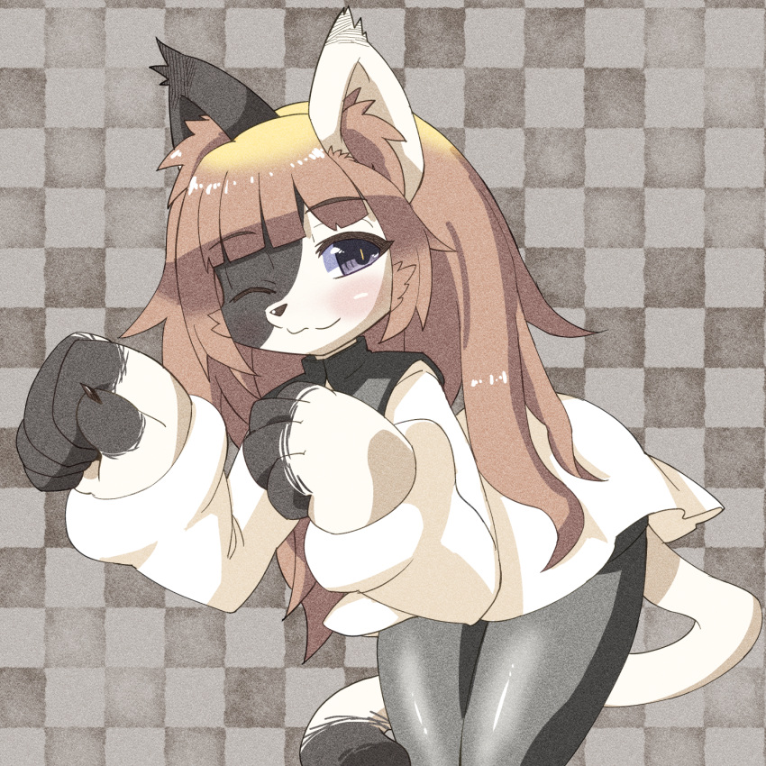 1girl ;3 animal_ear_fluff animal_ears animal_nose bangs black_fur black_legwear blush brown_background brown_hair cat cat_ears cat_girl cat_tail checkered checkered_background claws commentary_request cowboy_shot deemo dress eyebrows_visible_through_hair furrification furry girl_(deemo) highres leaning_forward long_hair long_sleeves one_eye_closed osa0801 pantyhose partial_commentary paw_pose simple_background snout solo standing tail two-tone_fur violet_eyes white_dress white_fur
