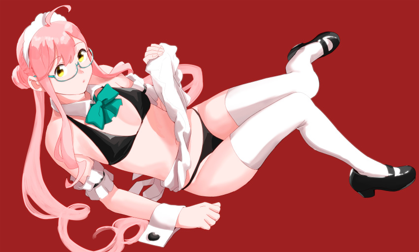 1girl absurdres ahoge bow full_body glasses highres kantai_collection long_hair maid makigumo_(kantai_collection) mary_janes navel ojipon panties pink_hair red_background shoes solo thigh-highs twintails underwear wrist_cuffs yellow_eyes