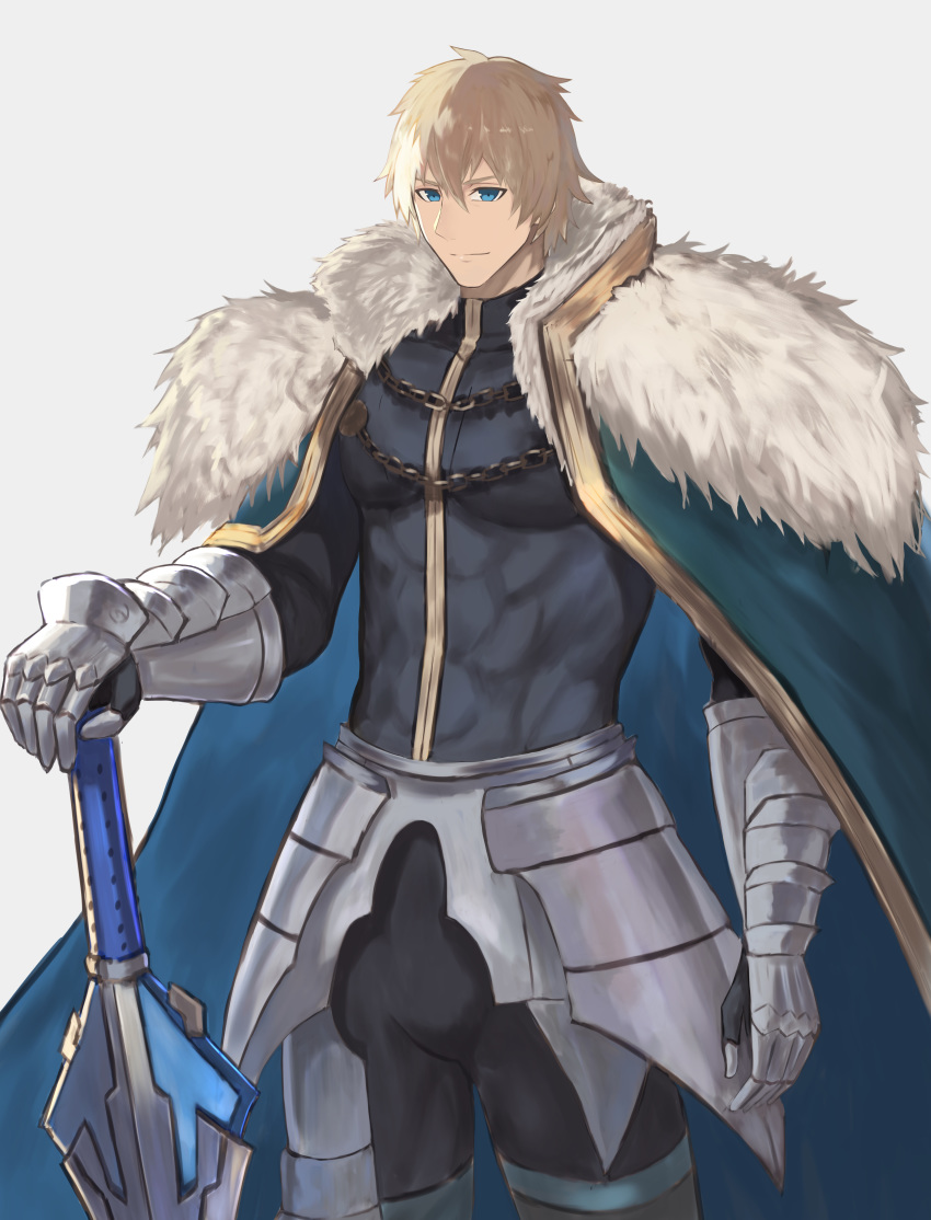 1boy absurdres armor black_gloves blonde_hair blue_cape blue_eyes cape collared_cape excalibur_galatine fate/extra fate/grand_order fate_(series) fur_collar gauntlets gawain_(fate/extra) gloves highres holding holding_sword holding_weapon huge_filesize knight knights_of_the_round_table_(fate) light_smile long_sleeves looking_at_viewer male_focus muscle short_hair simple_background smile solo sword user_wdpz3432 weapon white_background