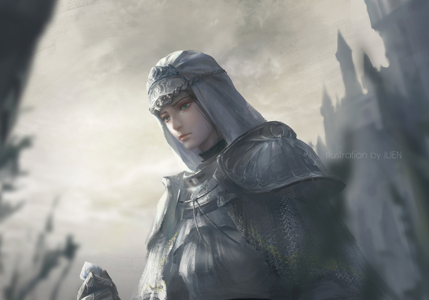 1girl armor artist_name blurry blurry_background blurry_foreground breastplate brown_eyes brown_hair castle closed_mouth clouds cloudy_sky commentary dark_souls_iii dress from_below hood jlien- looking_down outdoors shoulder_armor sirris_of_the_sunless_realms sky solo souls_(from_software) tree upper_body veil white_dress white_veil