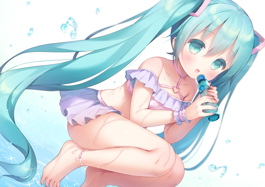 1girl aqua_eyes aqua_hair bangs bare_legs bare_shoulders barefoot beamed_sixteenth_notes bikini blush boots choker collarbone commentary dutch_angle eyebrows_visible_through_hair frilled_bikini frills hair_between_eyes hair_ornament hatsune_miku heart_ring highres holding holding_boots holding_clothes holding_footwear long_hair looking_at_viewer musical_note open_mouth pearl_anklet pink_bikini pink_choker ramune solo sparkle swimsuit twintails usashiro_mani very_long_hair vocaloid water water_drop white_background wrist_cuffs