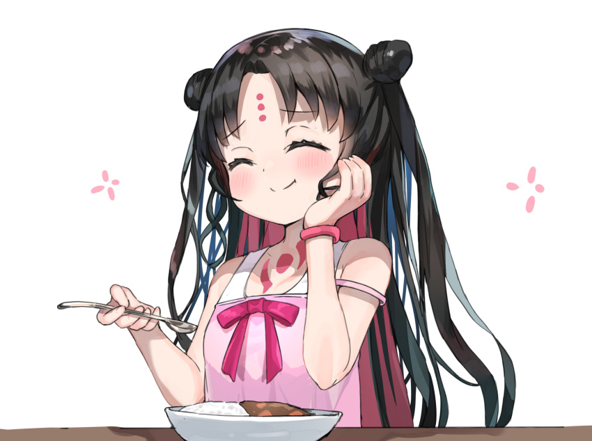 1girl bangs bare_arms bare_shoulders black_hair blush closed_eyes closed_mouth collarbone commentary_request curry curry_rice double_bun facial_mark facing_viewer fate/grand_order fate_(series) food forehead_mark hand_on_own_cheek hands_up highres long_hair looking_at_viewer parted_bangs plate ranf ribbon rice sesshouin_kiara_(lily) simple_background smile solo swimsuit two_side_up upper_body white_background younger