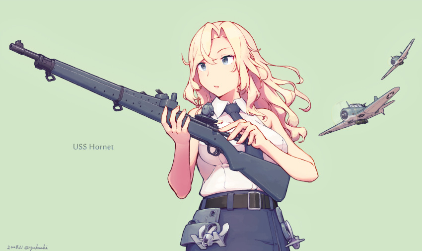 1girl autocannon belt black_belt black_neckwear black_skirt blonde_hair bofors_40_mm_gun breasts cannon character_name cowboy_shot dress_shirt green_background grey_eyes gun highres hornet_(kantai_collection) kantai_collection large_breasts long_hair nakaaki_masashi necktie pencil_skirt rifle shirt simple_background skirt sleeveless sleeveless_shirt solo weapon white_shirt