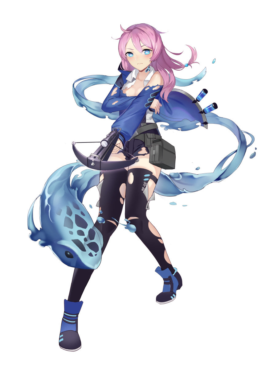 1girl absurdres arknights black_legwear blue_eyes blue_jacket blue_poison_(arknights) bowgun breasts collared_shirt elite_ii_(arknights) frog highres holding holding_bowgun holding_weapon hood hood_down hooded_jacket jacket jinjide_shaonian long_hair long_sleeves pink_hair shirt shorts simple_background small_breasts solo thigh-highs torn_clothes torn_jacket torn_legwear torn_shirt torn_shorts weapon white_background white_shirt