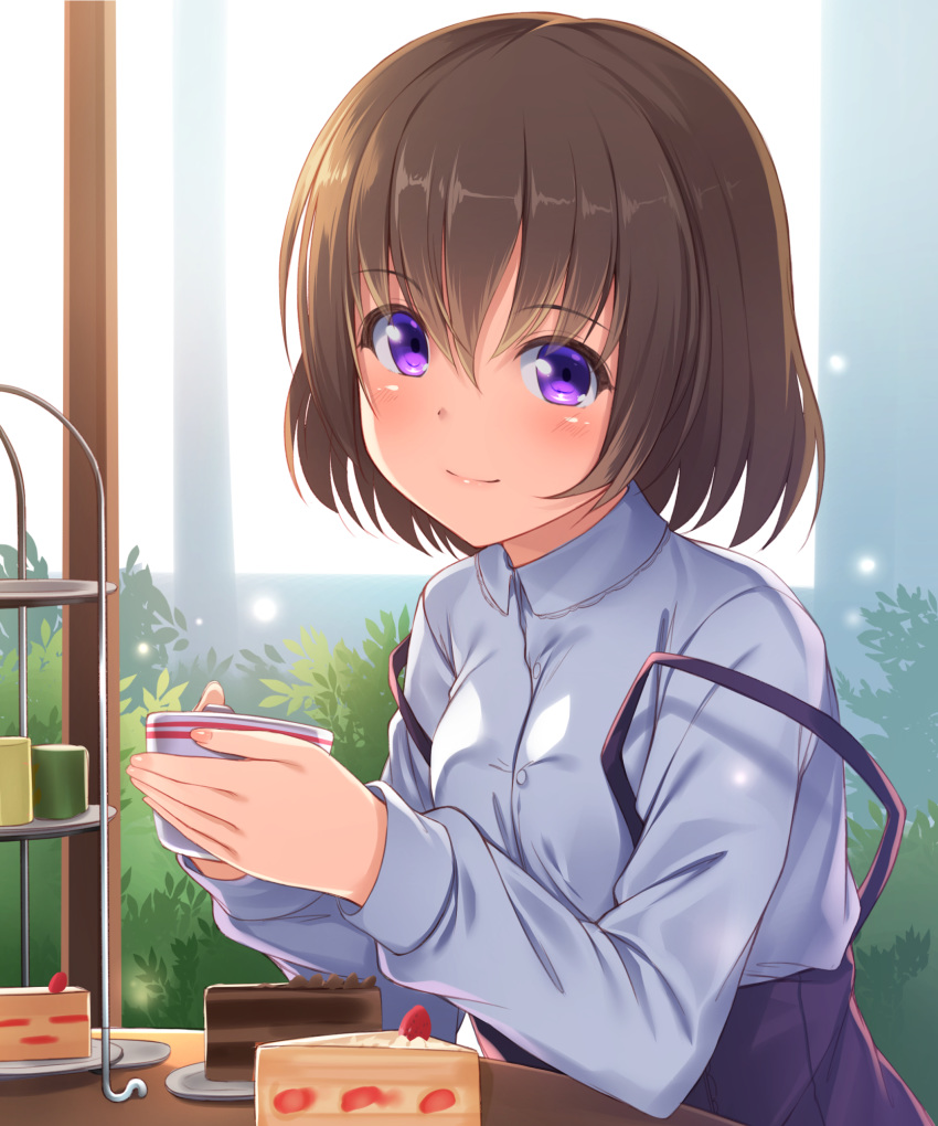 1girl alternative_girls asahina_nono backlighting bangs blush brown_hair cake cake_slice closed_mouth commentary_request cup eyebrows_visible_through_hair food grey_shirt highres holding holding_cup kageira long_sleeves looking_at_viewer purple_skirt shirt short_hair skirt smile solo suspender_skirt suspenders suspenders_slip tareme teacup tiered_tray upper_body violet_eyes