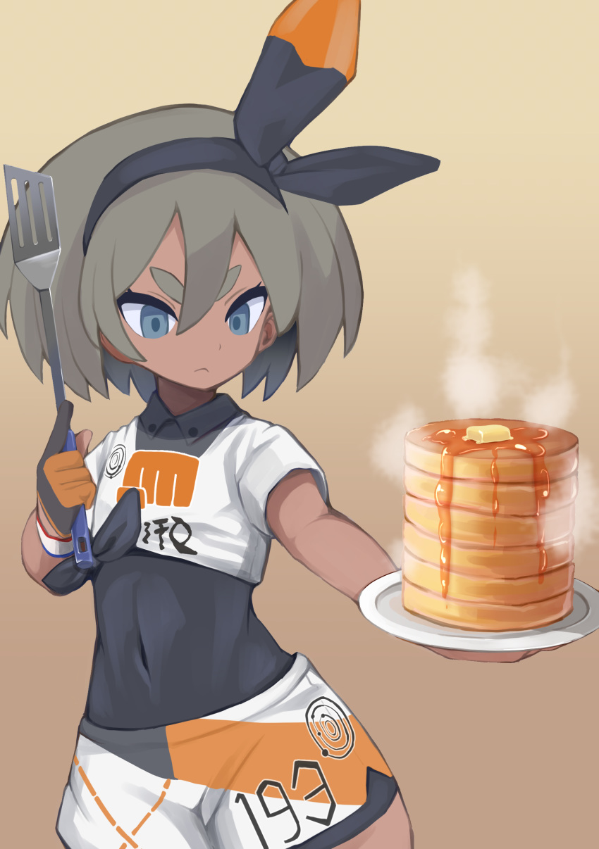 1girl :&lt; absurdres bangs black_bodysuit black_hairband blue_eyes bodysuit bodysuit_under_clothes butter closed_mouth collared_shirt commentary_request covered_navel dark_skin dynamax_band food gloves grey_hair gym_leader hair_between_eyes hairband highres holding holding_plate holding_spatula mrsusan_desu pancake plate pokemon pokemon_(game) pokemon_swsh print_shirt print_shorts saitou_(pokemon) shirt short_hair short_sleeves shorts single_glove solo spatula tied_shirt