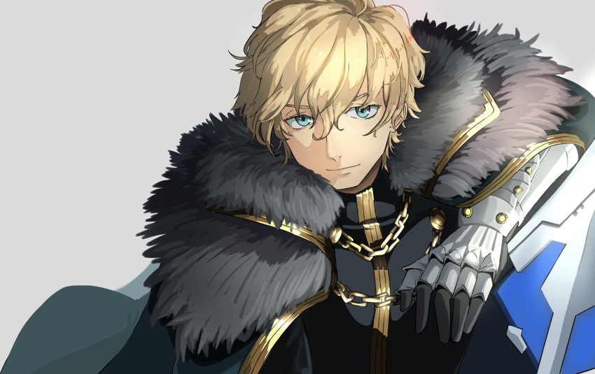 1boy armor black_gloves blonde_hair blue_eyes cape collared_cape fate/extra fate/grand_order fate_(series) fur_collar gauntlets gawain_(fate/extra) gloves green_cape highres knight knights_of_the_round_table_(fate) light_smile long_sleeves looking_at_viewer male_focus rinsaku22 short_hair simple_background smile solo upper_body white_background