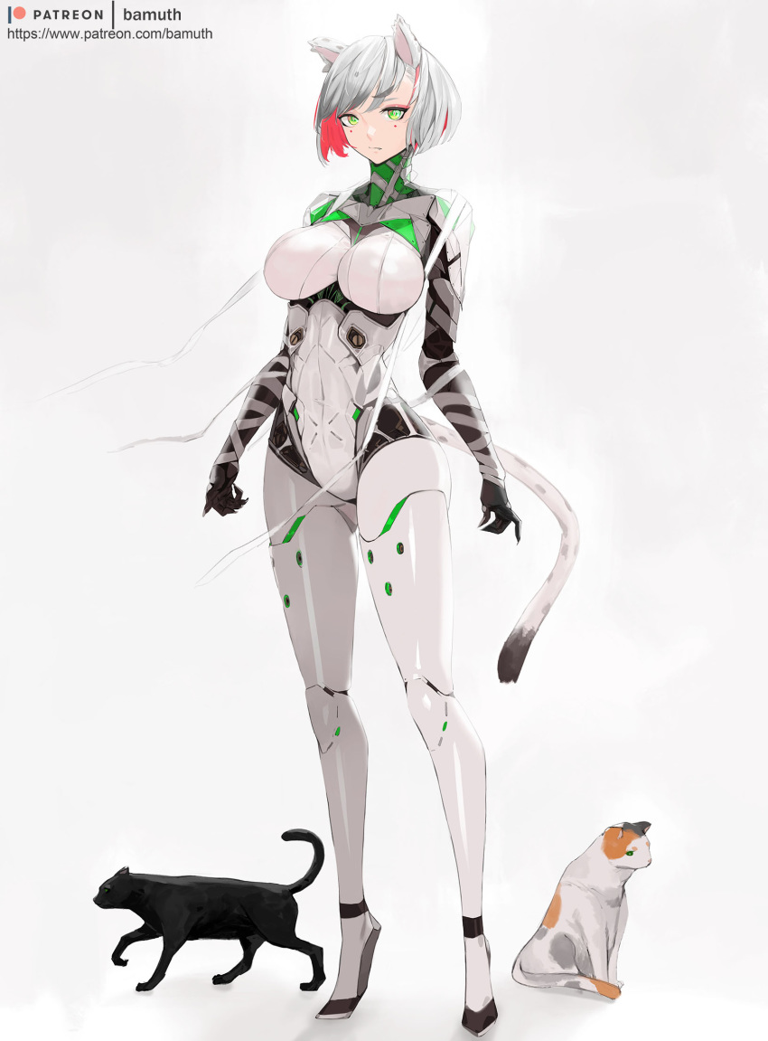 1girl animal animal_ears bamuth bodysuit breasts cat cat_ears cat_tail full_body green_eyes high_heels highres large_breasts looking_at_viewer original patreon_username redhead ribbon short_hair simple_background tail white_background white_hair