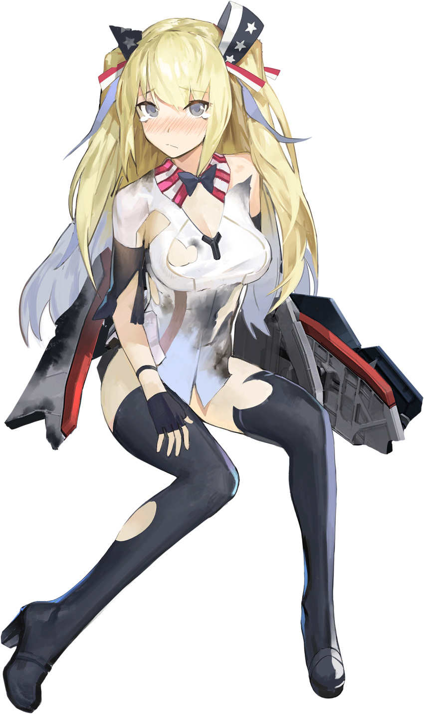 1girl american_flag american_flag_print artist_request bangs black_gloves black_legwear black_neckwear blue_oath blush bow bowtie breasts closed_mouth damaged eyebrows_visible_through_hair fingerless_gloves flag_print gloves hair_ribbon highres long_hair medium_breasts nose_blush official_art ribbon rigging saratoga_(blue_oath) solo tears thigh-highs torn_clothes torn_legwear transparent_background two_side_up