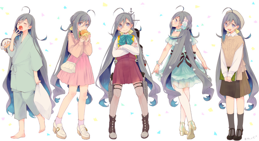 1girl ahoge bag bangs barefoot beret black_legwear blue_hair blush boots closed_eyes colis confetti cross-laced_footwear crossed_arms dress earrings eating flower food full_body grey_hair grey_legwear hair_between_eyes hair_flower hair_ornament hair_ribbon hamburger hat high_heels holding holding_food jewelry kantai_collection kiyoshimo_(kantai_collection) kneehighs lace-up_boots long_hair long_sleeves low_twintails multicolored_hair multiple_views musashi_(kantai_collection) open_mouth pantyhose pink_legwear ribbon shirt shoulder_bag skirt smile socks standing stuffed_toy twintails two-tone_hair very_long_hair white_shirt