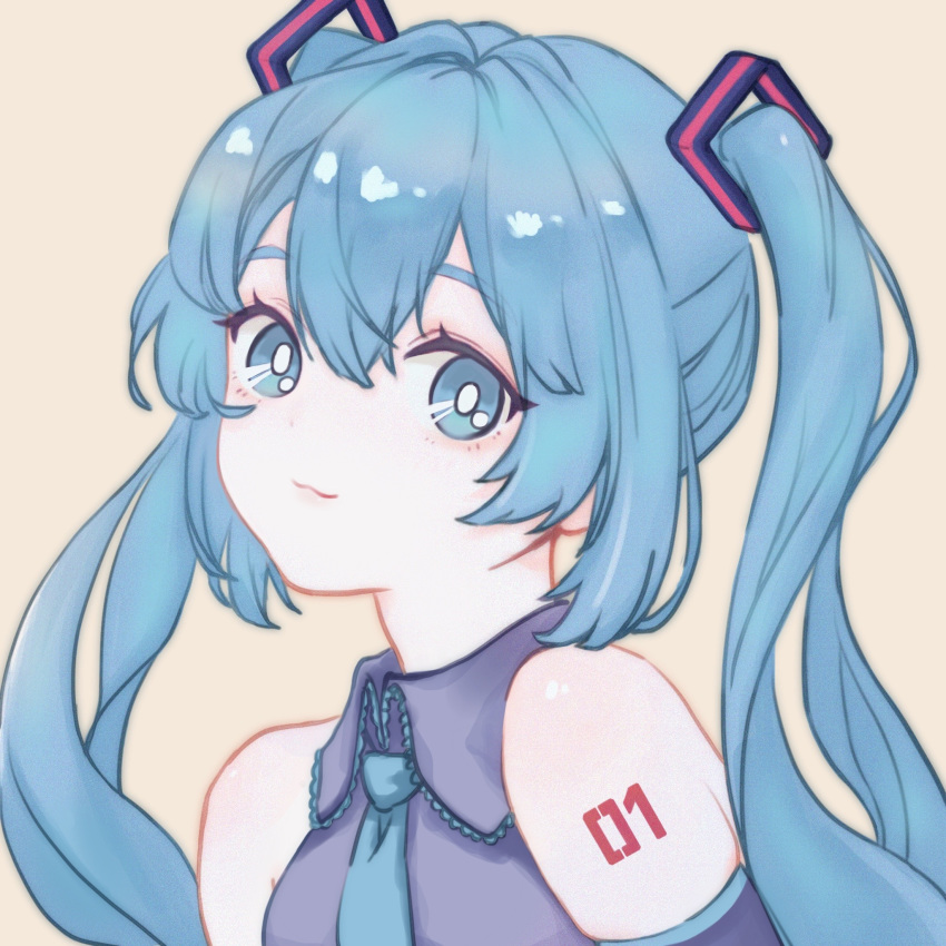 1980s_(style) 1girl arm_tattoo beige_background blue_eyes blue_hair blue_neckwear close-up hatsune_miku highres looking_at_viewer mahosame necktie oldschool solo tattoo twintails vocaloid