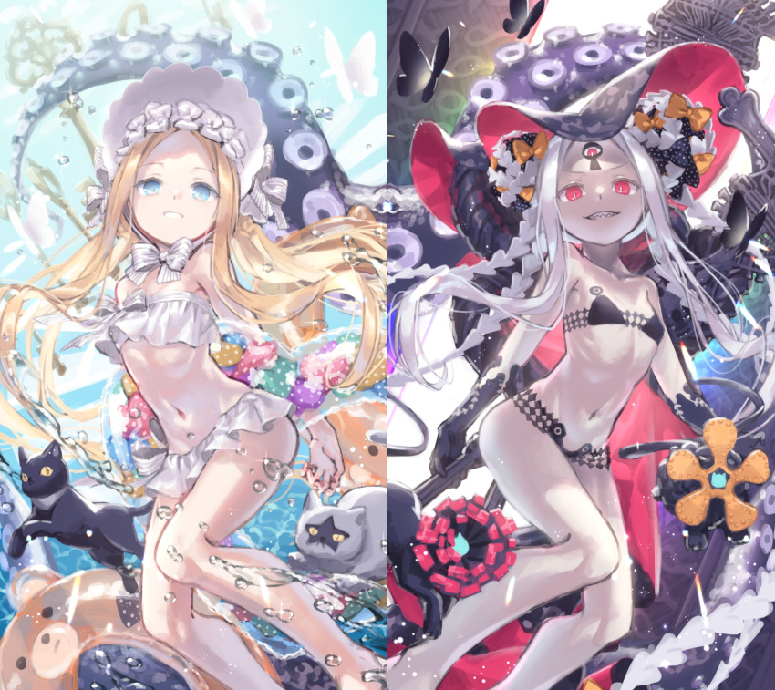 1girl abigail_williams_(fate/grand_order) abigail_williams_(swimsuit_foreigner)_(fate) animal bangs bare_arms bare_legs bare_shoulders bikini black_bikini black_bow black_cat black_gloves black_headwear blonde_hair blue_eyes bonnet bow breasts bug butterfly cat double_bun elbow_gloves evil_grin evil_smile fate/grand_order fate_(series) forehead gloves grin hair_bow heart highres innertube insect long_hair multiple_views navel orange_bow parted_bangs polka_dot polka_dot_bow red_eyes sharp_teeth sidelocks silver_hair small_breasts smile strapless strapless_bikini suction_cups swimsuit teeth tentacles very_long_hair white_bikini white_bow white_headwear yumeichigo_alice