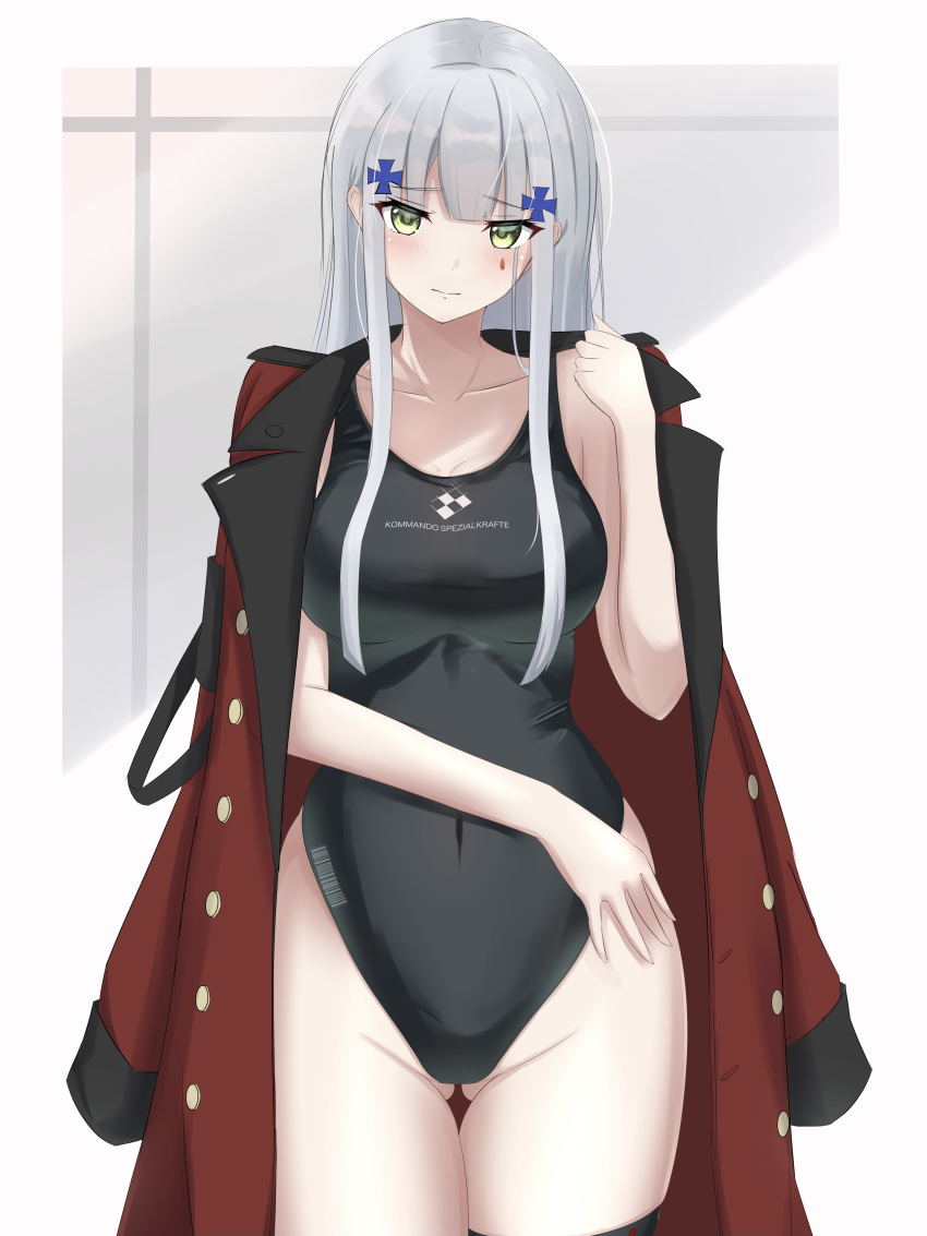 1girl absurdres ass_visible_through_thighs black_swimsuit coat collarbone competition_swimsuit cowboy_shot facial_mark girls_frontline green_eyes hair_ornament highres hk416_(girls_frontline) logo long_hair looking_at_viewer one-piece_swimsuit red_coat rynn_(rynn_cube) silver_hair solo swimsuit teardrop thigh_gap