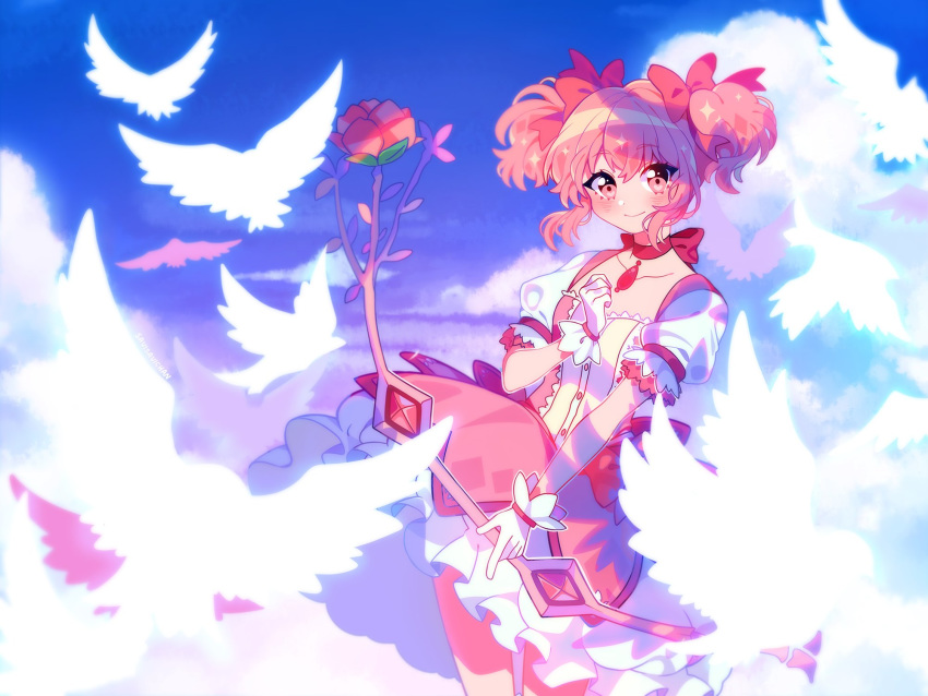 1girl animal bird blue_sky blue_theme blush bow_(weapon) bubble_skirt choker clenched_hand closed_mouth clouds cloudy_sky collarbone commentary contrapposto cowboy_shot day dot_nose english_commentary eyebrows_visible_through_hair eyelashes flower frilled_skirt frilled_sleeves frills gloves glowing gradient gradient_sky hair_ribbon hand_on_own_chest hand_up happy heart heart_in_eye highres holding holding_bow_(weapon) holding_weapon kaname_madoka leaf legs_together looking_at_viewer mahou_shoujo_madoka_magica outdoors pastel_colors pink_eyes pink_flower pink_hair pink_ribbon pink_rose pink_theme puffy_short_sleeves puffy_sleeves purple_sky red_choker red_neckwear ribbon ribbon_choker rose savi_(byakushimc) shaded_face shiny shiny_hair short_sleeves short_twintails sidelocks silhouette skirt sky smile solo soul_gem sparkle symbol_in_eye tareme thigh_gap twintails weapon white_gloves white_skirt white_theme
