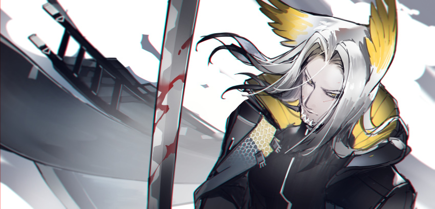 1boy absurdres arknights black_jacket blood bloody_weapon facial_hair forehead goatee hellagur_(arknights) highres jacket katana long_hair looking_at_viewer male_focus silver_hair simple_background sword upper_body weapon white_background yellow_eyes yushi_ketsalkoatl