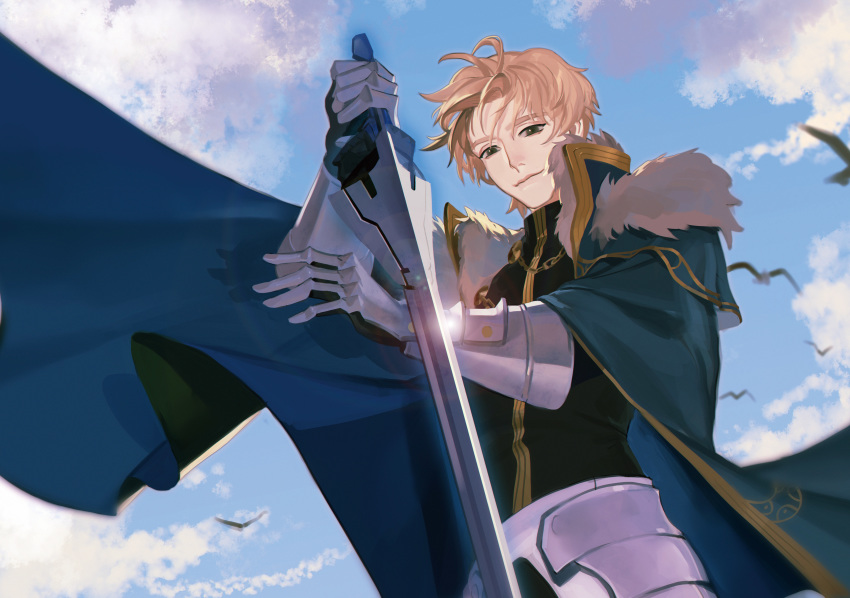 1boy absurdres animal armor bird black_gloves blonde_hair blue_cape blue_eyes cape clouds collared_cape excalibur_galatine fate/extra fate/grand_order fate_(series) fur_collar gauntlets gawain_(fate/extra) gloves highres holding holding_sword holding_weapon knight knights_of_the_round_table_(fate) light_smile long_sleeves looking_at_viewer male_focus scupid short_hair sky smile solo sword weapon