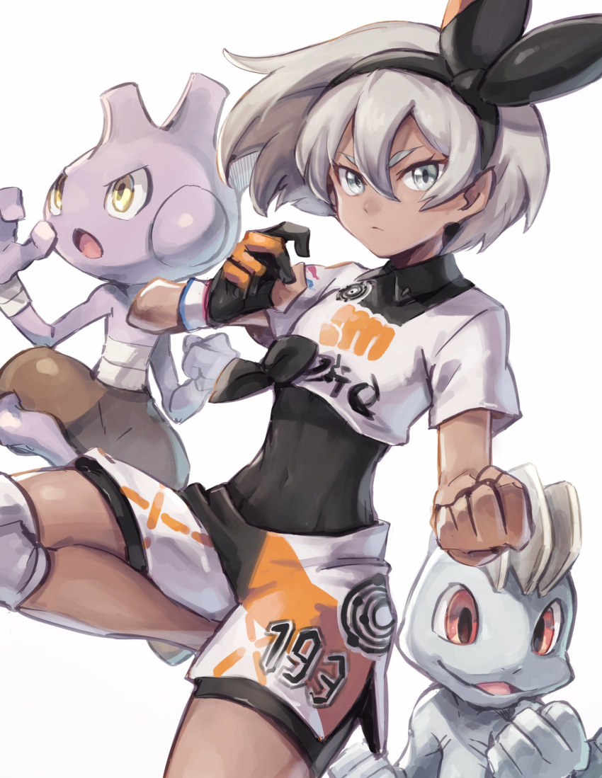 1girl bangs black_bodysuit black_hairband bodysuit bodysuit_under_clothes clenched_hand closed_mouth collared_shirt commentary covered_navel dynamax_band gen_1_pokemon gen_2_pokemon gloves grey_eyes grey_hair gym_leader hair_between_eyes hairband highres knee_pads looking_at_viewer machop pokemon pokemon_(creature) pokemon_(game) pokemon_swsh print_shirt print_shorts saitou_(pokemon) shirt short_hair short_sleeves shorts single_glove takase_(takase1214) tied_shirt tyrogue