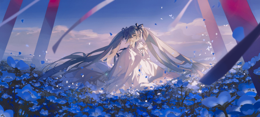 1girl absurdres ahoge aqua- blue_flower day dress eyebrows_visible_through_hair flower hair_between_eyes hatsune_miku highres long_hair looking_at_viewer outdoors sitting sky solo twintails very_long_hair vocaloid