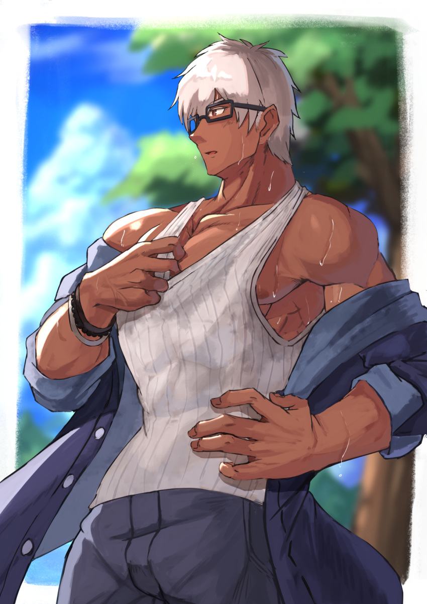 1boy alternate_costume alternate_hairstyle archer bara bellsaltr brown_eyes chest dark_skin dark_skinned_male fate/stay_night fate_(series) glasses highres male_focus muscle nipple_slip nipples pectorals shirtless short_hair solo summer_casual_(fate/grand_order) sweat tank_top undressing upper_body white_hair