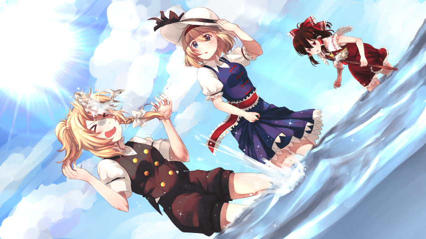 &gt;_&lt; 3girls absurdres adapted_costume ahoge alice_margatroid alternate_hairstyle arms_up bakarayuu black_shorts black_vest blonde_hair blue_dress blue_eyes blue_sky brown_hair clouds commentary cravat dress dutch_angle eyebrows_visible_through_hair eyes_visible_through_hair fang fish glint hair_between_eyes hair_ribbon hair_tubes hakurei_reimu hand_on_headwear hat hat_ribbon highres holding holding_stick in_the_face kirisame_marisa lifted_by_self looking_at_another looking_down multiple_girls no_headwear open_mouth outdoors petticoat pinafore_dress ponytail puffy_short_sleeves puffy_sleeves red_eyes red_skirt red_vest ribbon sarashi sash shirt short_sleeves shorts sidelocks skirt skirt_lift sky sleeveless standing stick sun sun_hat tied_skirt touhou vest wading water white_shirt yellow_neckwear