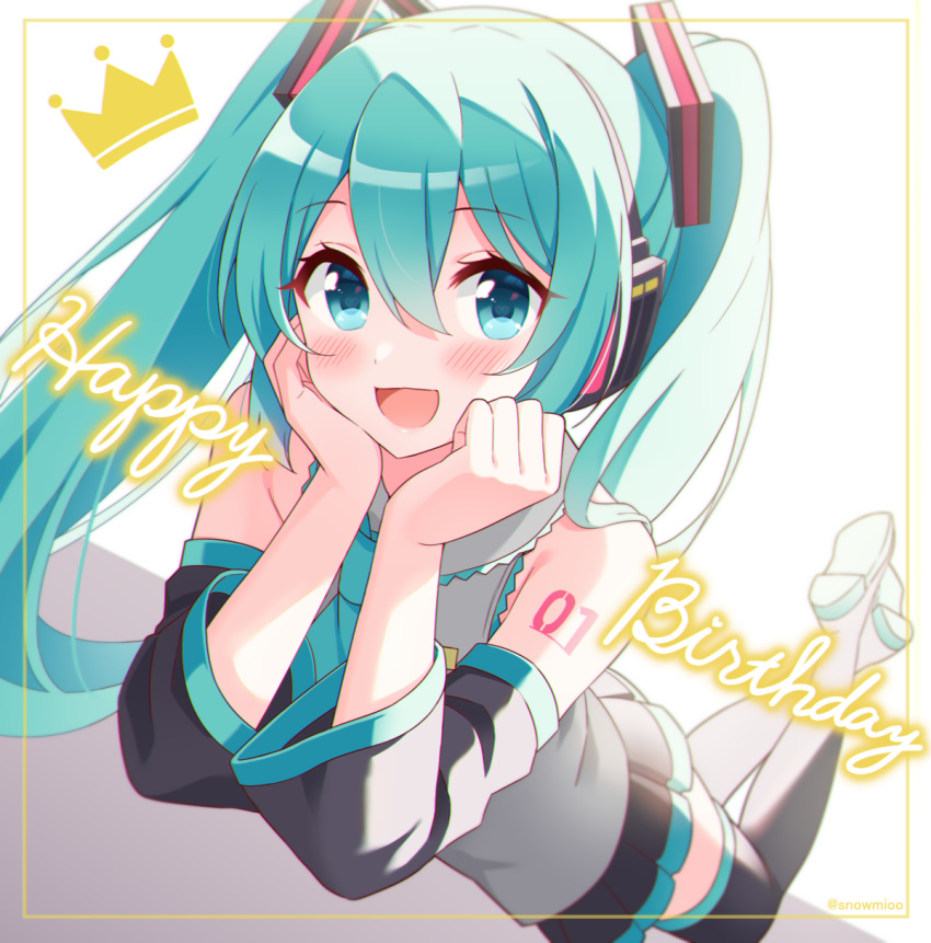 1girl :d aqua_eyes aqua_hair aqua_neckwear bangs bare_shoulders black_footwear blush boots breasts collared_shirt commentary_request crown detached_sleeves dutch_angle eyebrows_visible_through_hair feet_up grey_shirt hands_on_own_cheeks hands_on_own_face happy_birthday hatsune_miku highres long_hair long_sleeves looking_at_viewer lying miniskirt necktie number_tattoo on_stomach open_mouth pleated_skirt shirt shoulder_tattoo skirt smile snowmi solo tattoo thigh-highs thigh_boots twintails twitter_username very_long_hair vocaloid zettai_ryouiki