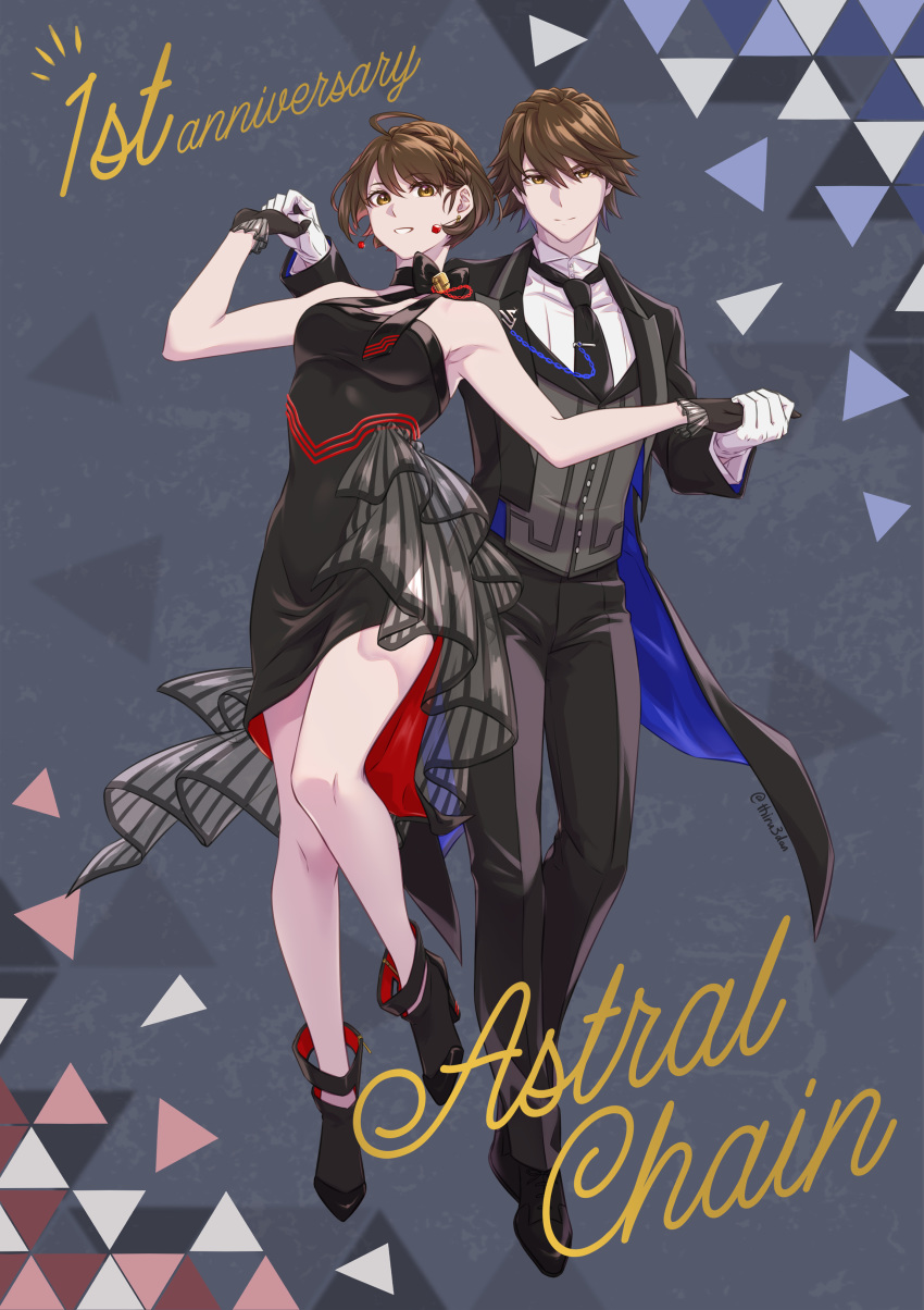 1boy 1girl absurdres akira_howard alternate_costume anniversary astral_chain bare_arms bare_legs bare_shoulders black_dress brother_and_sister brown_eyes brown_hair copyright_name dress formal highres necktie short_dress short_hair siblings suit thiru3dan twins