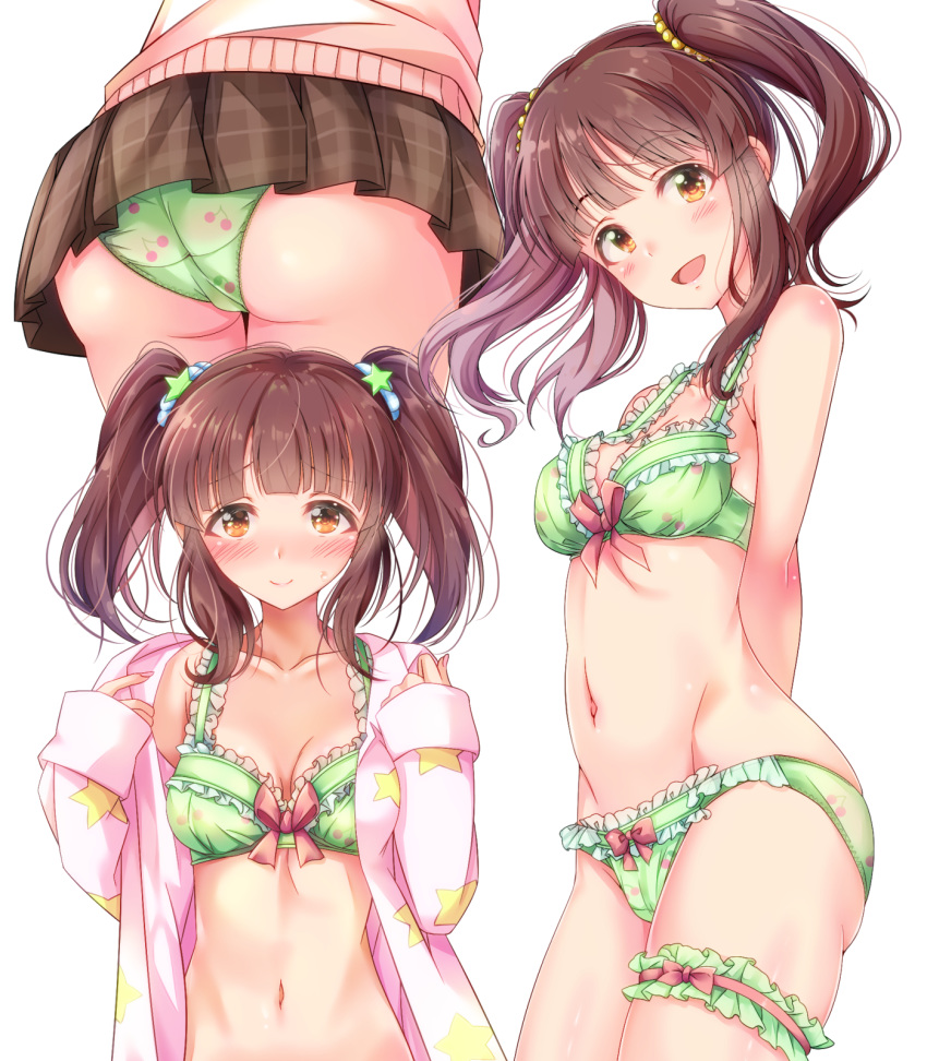 1girl :d ass bangs blush bow bra breasts brown_eyes brown_hair collarbone eyebrows_visible_through_hair green_bra green_panties groin hair_ornament highres idolmaster idolmaster_cinderella_girls long_hair looking_at_viewer medium_hair mitsuki_(omezame_alice) multiple_views navel ogata_chieri open_mouth pajamas panties plaid plaid_skirt skirt small_breasts smile stomach sweatdrop sweater thighs twintails underwear undressing