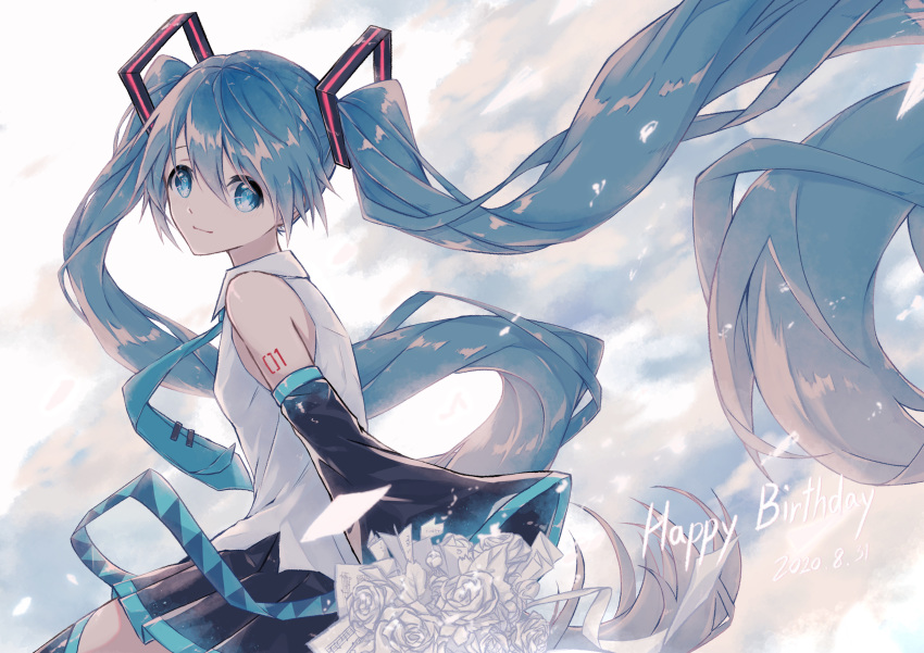 1girl absurdly_long_hair absurdres aqua_neckwear bare_shoulders black_legwear black_skirt black_sleeves blue_eyes blue_hair bouquet clouds commentary cowboy_shot dated detached_sleeves floating_hair flower from_side hair_ornament happy_birthday hatsune_miku highres holding holding_bouquet light_smile long_hair looking_at_viewer miniskirt necktie pleated_skirt rose shirt shoulder_tattoo skirt sleeveless sleeveless_shirt solo tattoo thigh-highs twintails very_long_hair vocaloid white_flower white_rose white_shirt yokrio zettai_ryouiki