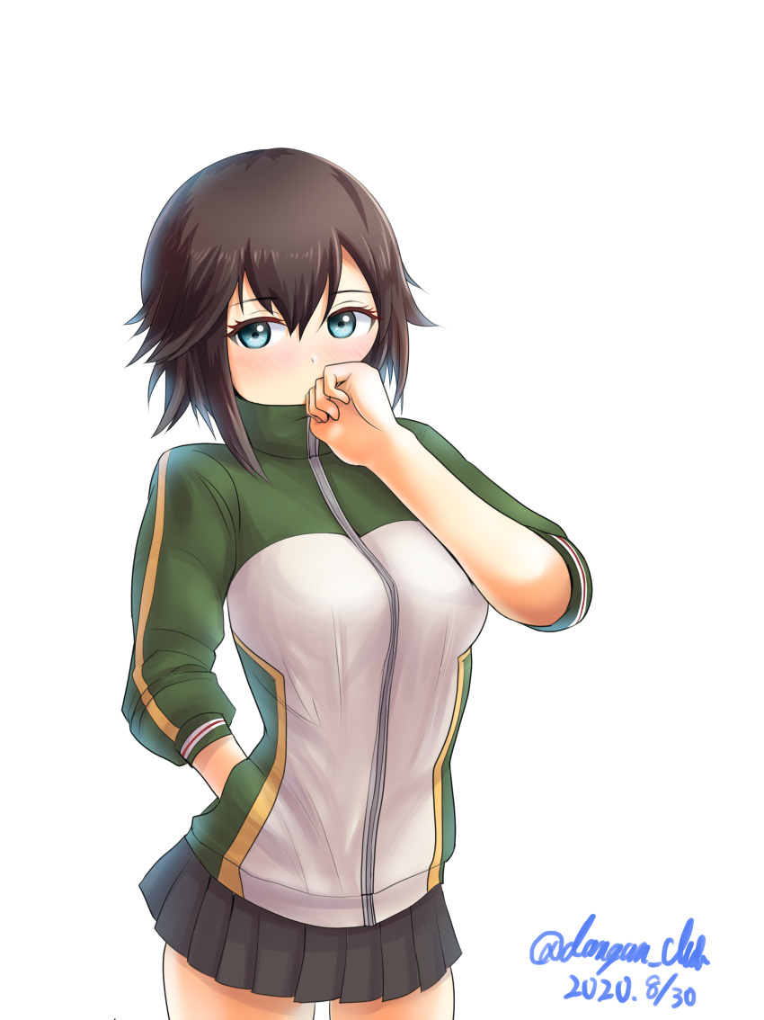 1girl absurdres black_hair black_skirt breasts cowboy_shot dangan_kurabu green_shirt grey_eyes gym_shirt hand_in_pocket hayasui_(kantai_collection) highres jacket kantai_collection large_breasts miniskirt pleated_skirt shirt short_hair skirt solo standing track_jacket white_background