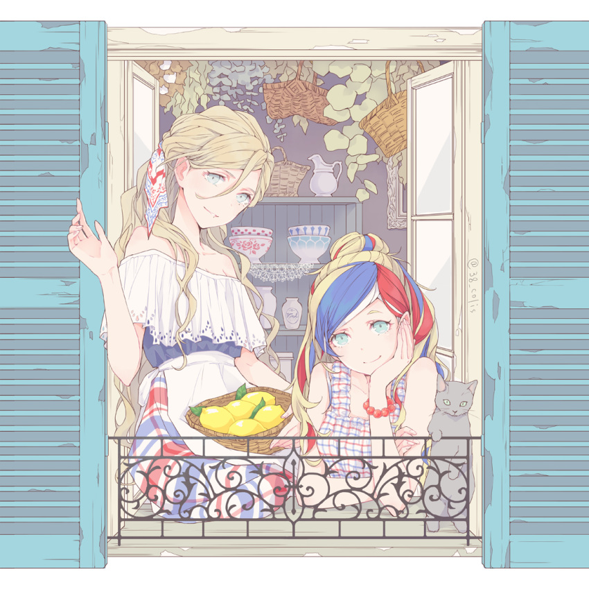 2girls alternate_costume animal apron bangs basket blonde_hair blue_eyes blue_hair bowl bracelet cat chin_rest colis commandant_teste_(kantai_collection) cup elbow_rest food fruit hair_between_eyes hair_bun jewelry kantai_collection lemon long_hair mole mole_under_eye mole_under_mouth multicolored_hair multiple_girls off_shoulder plant redhead richelieu_(kantai_collection) sleeveless smile streaked_hair twitter_username waist_apron white_apron white_hair window windowsill