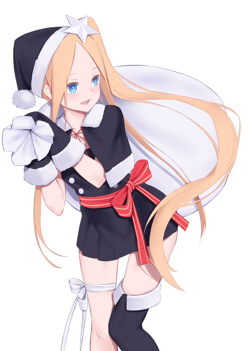 1girl abigail_williams_(fate/grand_order) bangs black_dress black_gloves black_headwear blonde_hair blue_eyes breasts dress fate/grand_order fate_(series) forehead gloves hair_ornament hat highres jilu long_hair looking_to_the_side open_mouth parted_bangs sack santa_costume santa_hat short_dress side_ponytail sidelocks simple_background small_breasts smile star_(symbol) star_hair_ornament thighs very_long_hair white_background