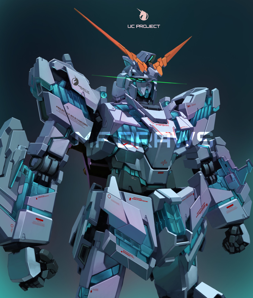 absurdres brayanong999 clenched_hands commission english_commentary glowing glowing_eyes green_eyes gundam gundam_unicorn highres looking_up mecha no_humans nt-d photo-referenced solo unicorn_gundam upper_body watermark