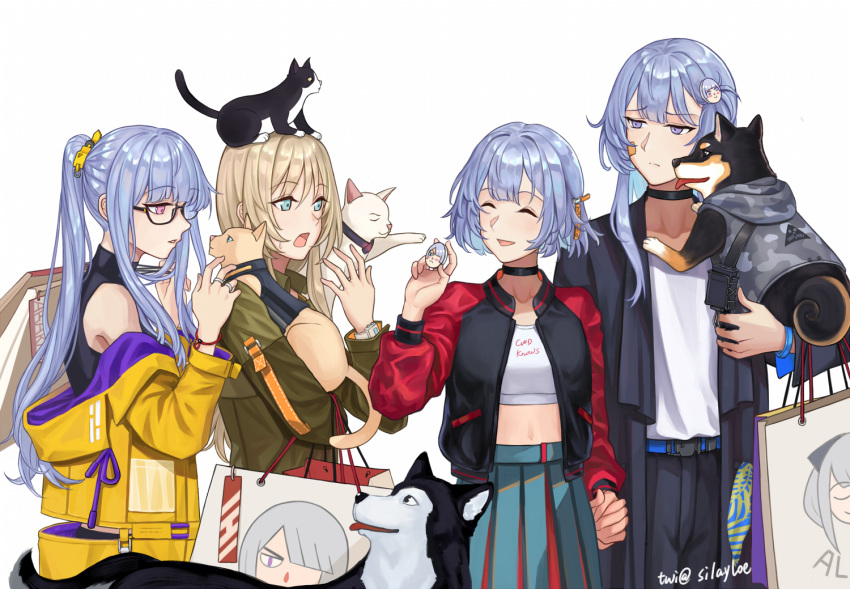 4girls ak-12_(girls_frontline) ak-15_(girls_frontline) alternate_costume alternate_hair_color alternate_hairstyle an-94_(girls_frontline) animal aqua_eyes artist_name badge bag bangs barrette belt black_choker black_pants blonde_hair blue_skirt breasts camouflage camouflage_jacket cat choker closed_eyes closed_mouth commentary_request defy_(girls_frontline) dog eyebrows_visible_through_hair girls_frontline glasses hair_between_eyes harness holding holding_animal holding_bag holding_cat holding_dog holding_hands hood hoodie jacket long_hair looking_away medium_hair multiple_girls open_eyes open_mouth pants patch playing ponytail purple_hair rpk-16_(girls_frontline) shirt shopping_bag silayloe skirt tail tail_wagging violet_eyes white_background white_shirt yellow_jacket