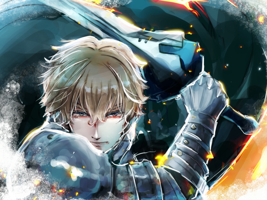 1boy armor blonde_hair blue_cape blue_eyes cape collared_cape excalibur_galatine fate/extra fate/grand_order fate_(series) fur_collar gauntlets gawain_(fate/extra) highres holding holding_sword holding_weapon knight knights_of_the_round_table_(fate) long_sleeves looking_at_viewer male_focus short_hair solo sword umikame upper_body weapon
