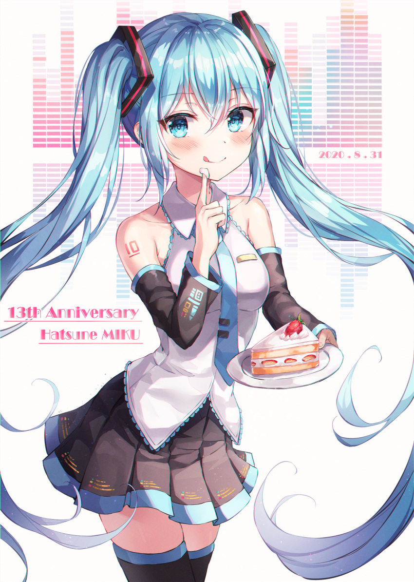 1girl :q aqua_eyes aqua_hair bangs bare_shoulders blue_eyes blush cake cake_slice character_name collarbone commentary_request detached_sleeves food hair_ornament happy_birthday hatsune_miku highres long_hair looking_at_viewer necktie pleated_skirt skindentation skirt smile solo thigh-highs tongue tongue_out twintails very_long_hair vocaloid wabbajack