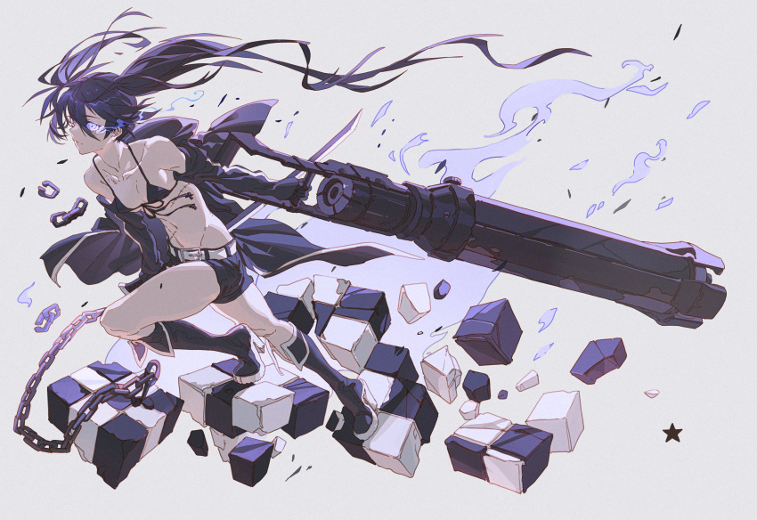1girl absurdres arm_cannon bikini bikini_top black_hair black_rock_shooter black_rock_shooter_(character) blue_eyes boots breasts chain coat debris flaming_eye glowing glowing_eye high_heel_boots high_heels highres hong katana long_hair midriff navel pale_skin scar shorts small_breasts stitches swimsuit sword twintails uneven_twintails weapon