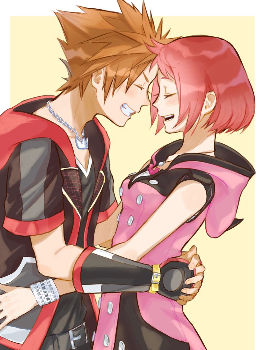 1boy 1girl belt bracelet brown_hair closed_eyes fingerless_gloves forehead-to-forehead gloves highres hood hoodie hug jewelry kairi_(kingdom_hearts) kingdom_hearts kingdom_hearts_iii mihau_my necklace open_mouth redhead short_hair sleeveless smile sora_(kingdom_hearts) upper_body v-neck