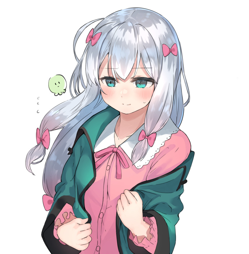 1girl absurdres aqua_eyes bangs blush bow closed_mouth collarbone commentary_request eromanga_sensei flying_sweatdrops green_jacket hair_bow highres izumi_sagiri jacket long_hair long_sleeves looking_at_viewer open_clothes pajamas pink_bow pink_ribbon ranf ribbon silver_hair simple_background smile solo stuffed_toy sweat upper_body very_long_hair white_background