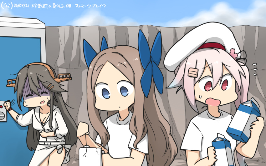 3girls alternate_costume asakaze_(kantai_collection) bangs beret blue_eyes blue_hair blue_sky clouds cup dated day flower flying_sweatdrops forehead gradient_hair hair_flower hair_ornament hair_ribbon hamu_koutarou haruna_(kantai_collection) harusame_(kantai_collection) hat highres holding_stomach jacket kantai_collection light_brown_hair long_hair milk_carton mug multicolored_hair multiple_girls outdoors parted_bangs pink_hair red_eyes restroom_stall ribbon rock sarong shirt short_sleeves side_ponytail sidelocks sky stomach_ache stomachache t-shirt turn_pale wavy_hair white_jacket white_sarong white_shirt