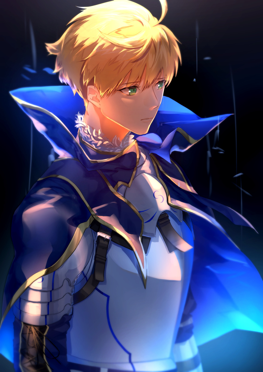 1boy absurdres armor armored_dress arthur_pendragon_(fate) blonde_hair blue_cape blue_dress breastplate cape dress eyebrows eyebrows_visible_through_hair fate/grand_order fate/prototype fate_(series) faulds gauntlets greaves green_eyes hair_between_eyes highres looking_to_the_side male_focus pauldrons short_hair shoulder_armor simple_background solo usagi_(jurijuri2311)