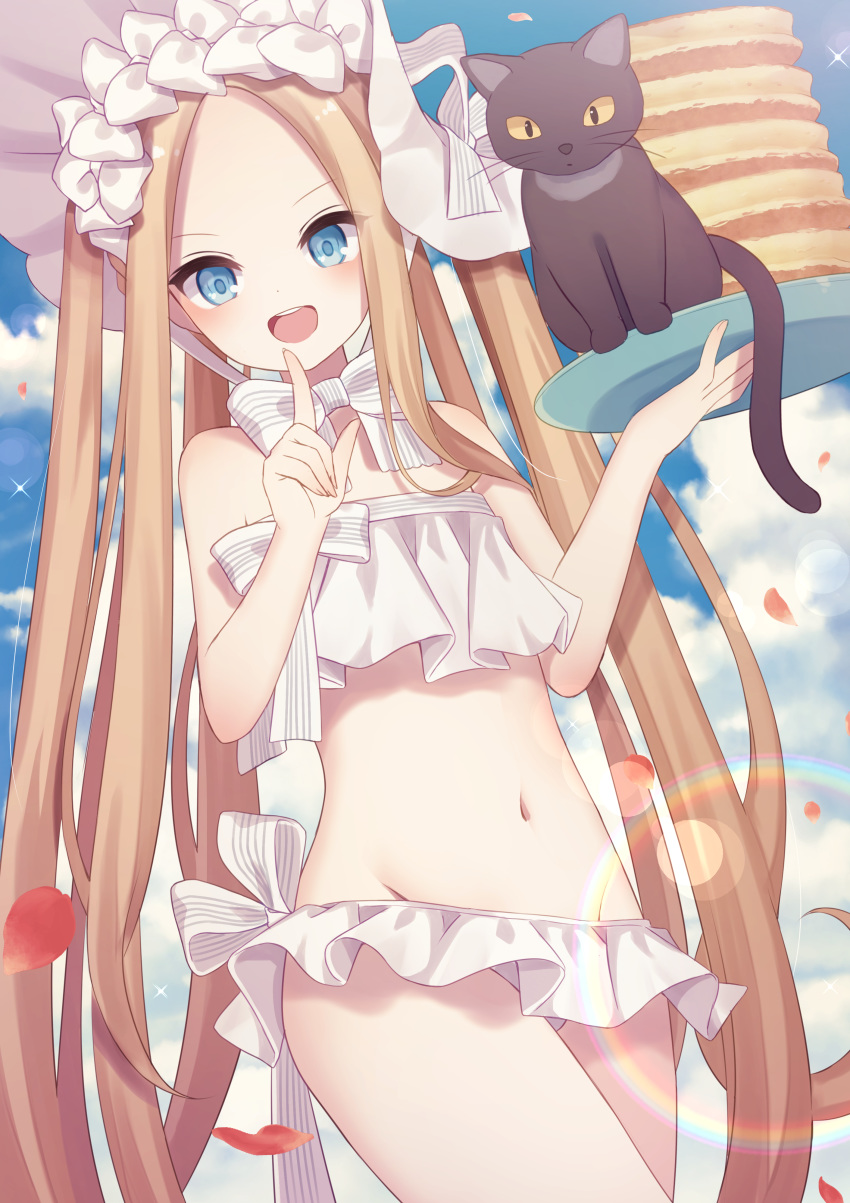 1girl :d abigail_williams_(fate/grand_order) abigail_williams_(swimsuit_foreigner)_(fate) absurdres animal bangs bare_arms bare_shoulders bikini black_cat blonde_hair blue_eyes blush bonnet bow cat commentary_request day fate/grand_order fate_(series) food forehead groin hair_bow hands_up highres holding holding_tray index_finger_raised long_hair navel open_mouth outdoors pancake parted_bangs petals sapphire_(sapphire25252) smile solo stack_of_pancakes strapless strapless_bikini striped striped_bow swimsuit tray twintails upper_teeth very_long_hair white_bikini white_bow white_headwear